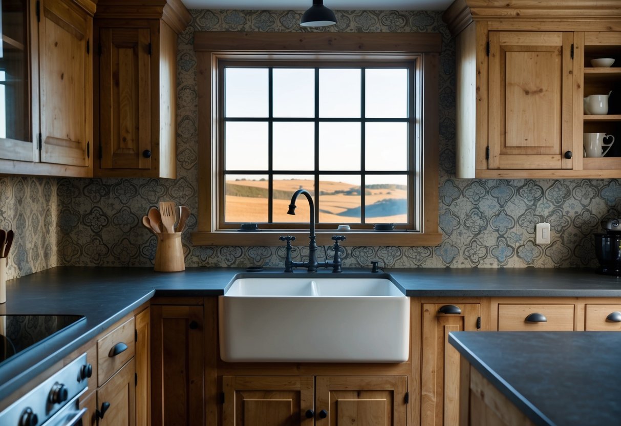 A farmhouse kitchen with rustic, patterned backsplash tiles, vintage wooden cabinets, and a farmhouse sink under a window with a view of rolling hills