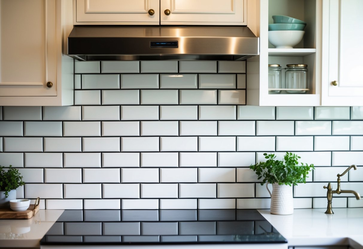 A farmhouse kitchen with subway tile backsplash in white, featuring dark grout. The tiles are arranged in a classic brick pattern, creating a clean and timeless look