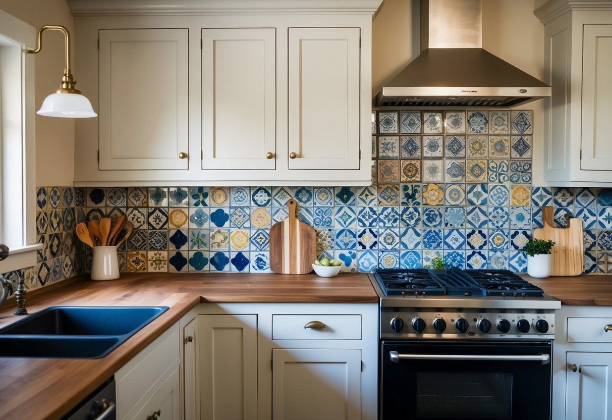 A farmhouse kitchen with patterned ceramic tiles in various colors and designs, creating a unique and charming backsplash