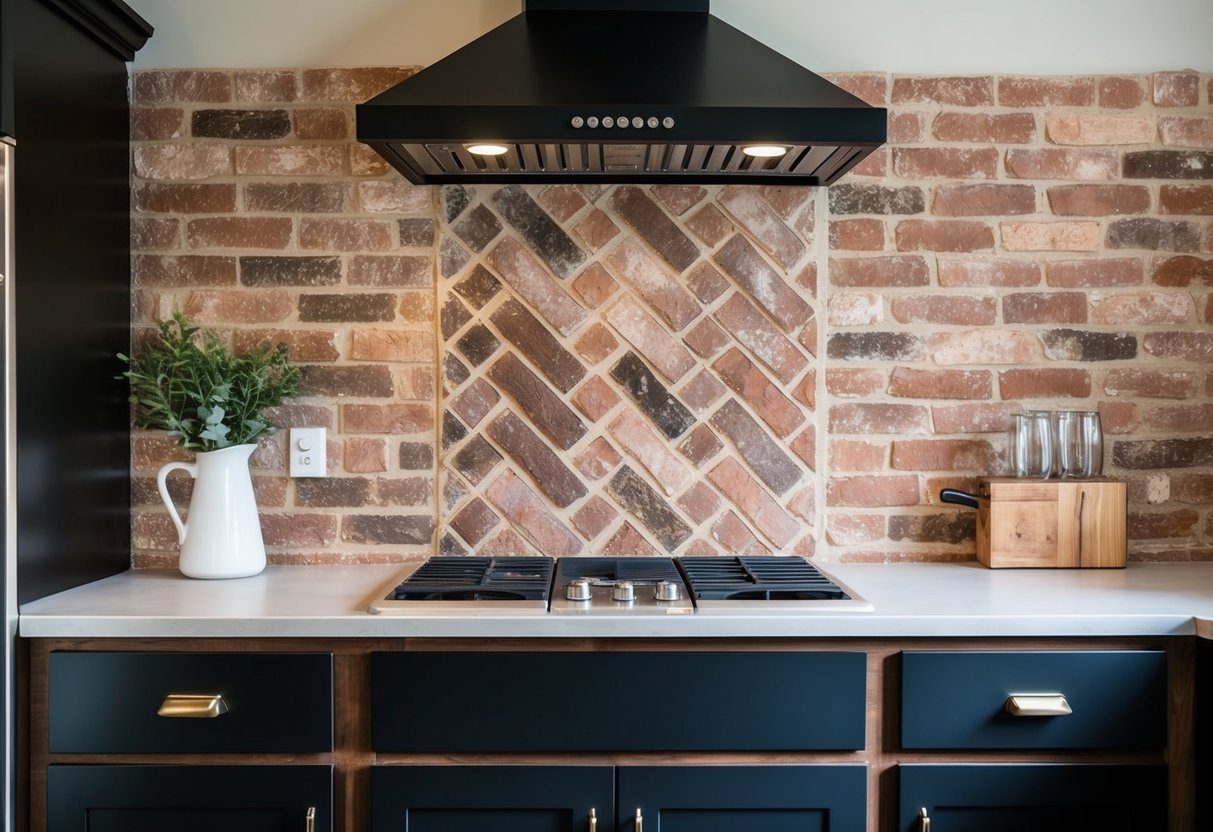 An exposed brick farmhouse kitchen backsplash with a matte sealant. The bricks are arranged in a herringbone pattern, creating a rustic and cozy atmosphere