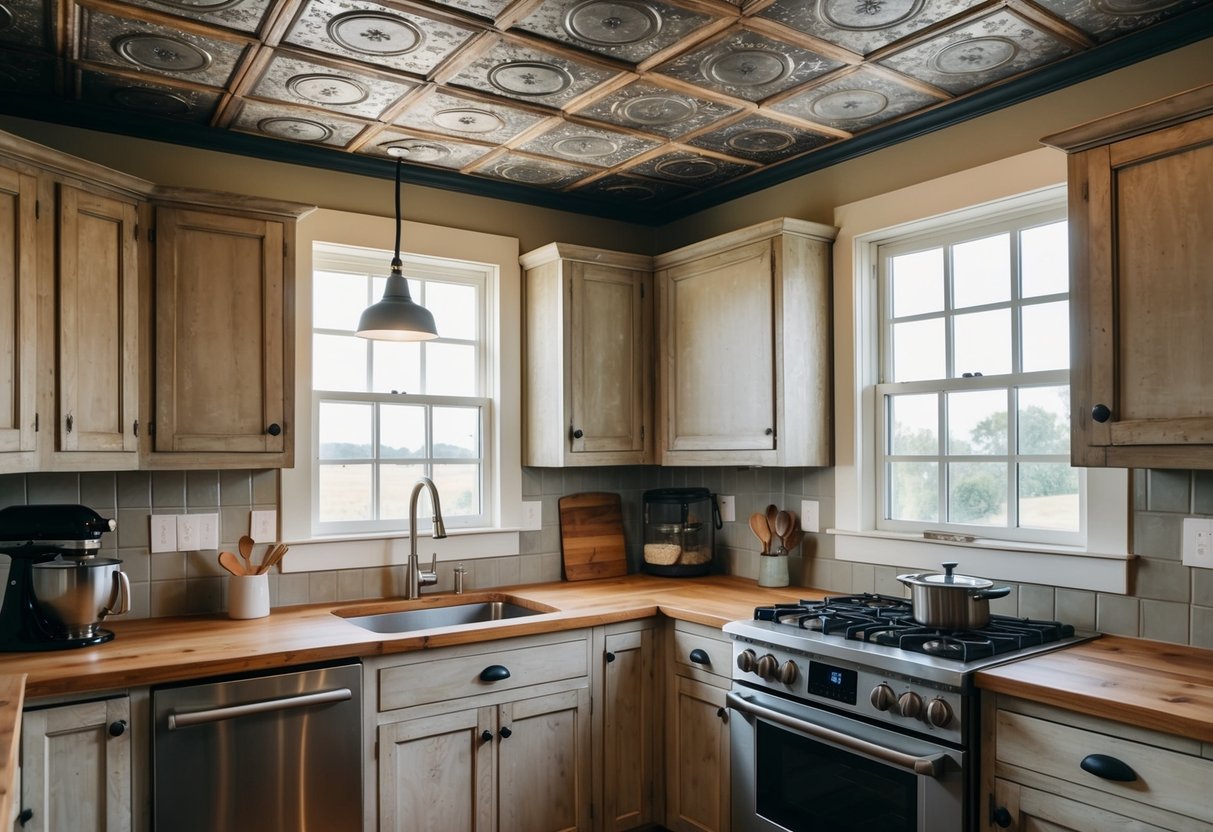 A rustic farmhouse kitchen with vintage tin ceiling tiles as a backsplash. The tiles are worn and weathered, adding character to the cozy space