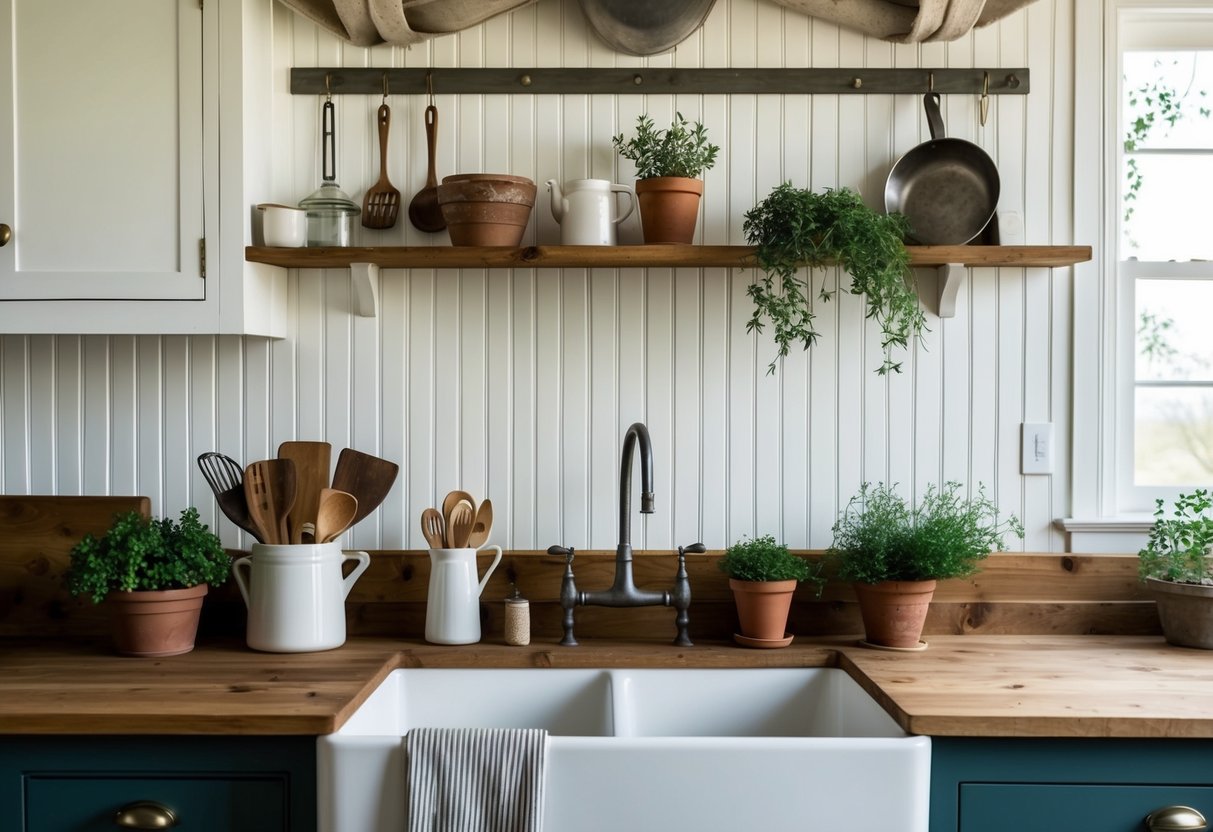 A farmhouse kitchen with white beadboard paneling backsplash, adorned with vintage kitchen utensils and potted herbs. Rustic wooden countertops and a farmhouse sink complete the cozy and inviting scene