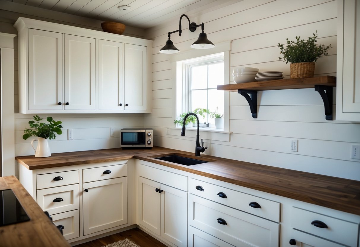 A farmhouse kitchen with shiplap backsplash in white finish. Rustic wood cabinets, vintage fixtures, and natural light complete the cozy, country-inspired space