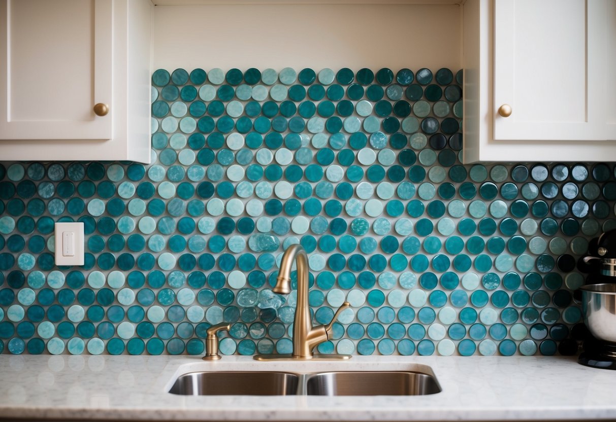 Aqua penny tiles arranged in a farmhouse kitchen backsplash