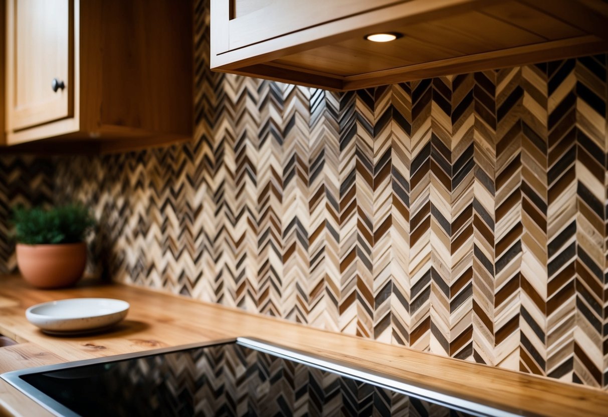 A close-up of a farmhouse kitchen backsplash with chevron pattern tiles in earthy tones, creating a warm and rustic feel