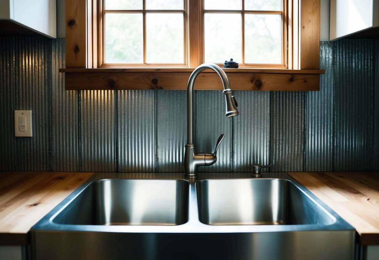 Metal sheets form a rustic backsplash behind a farmhouse kitchen sink. Light filters through a window, casting shadows on the textured surface