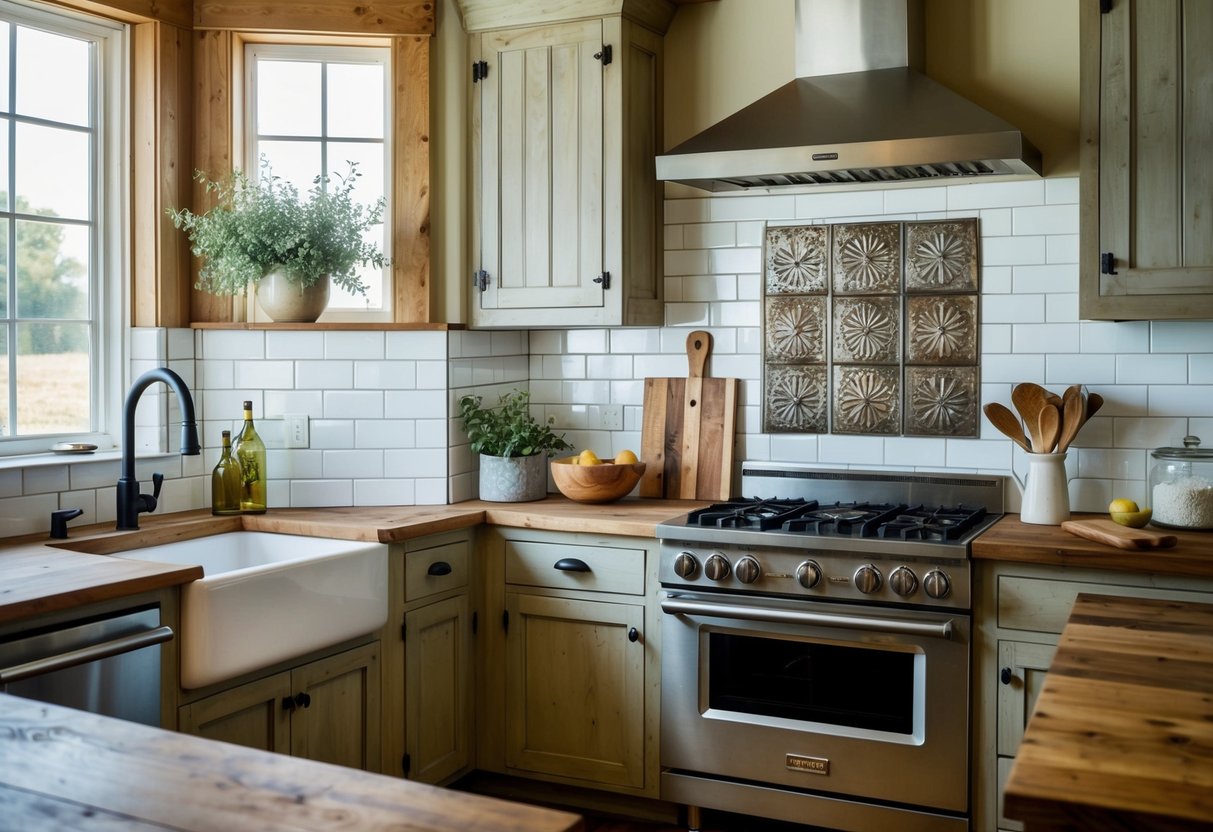 A rustic farmhouse kitchen with a variety of materials for the backsplash, including subway tiles, reclaimed wood, and vintage tin panels