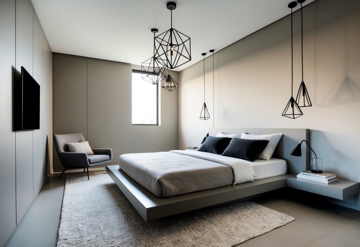 A sleek, minimalistic bedroom with a platform bed, geometric pendant lights, and a neutral color palette. A large window lets in natural light, and a cozy reading nook with a modern armchair and side table completes the space