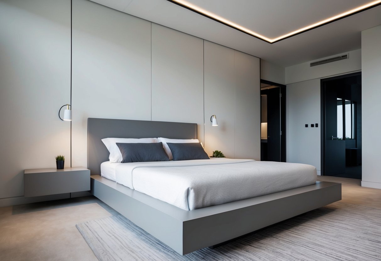 A sleek, low-profile platform bed with clean lines and minimalistic design. The room is modern and uncluttered, with neutral tones and simple, contemporary decor