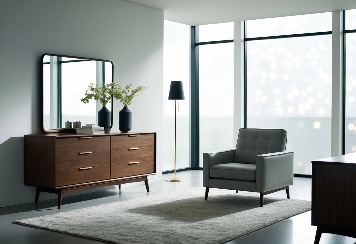 A mid-century modern dresser sits in a sleek, contemporary bedroom. Clean lines and minimalist decor create a stylish, uncluttered space