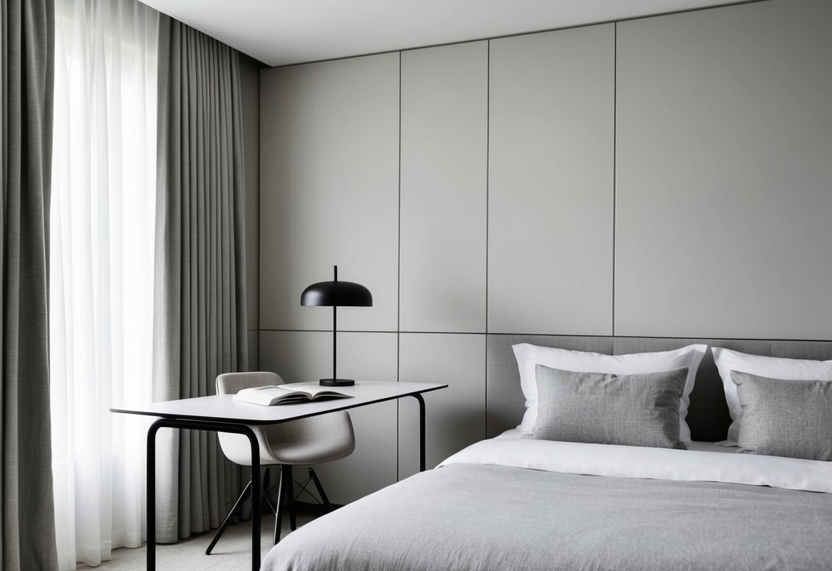 A sleek Scandinavian desk sits in a minimalist bedroom with clean lines and neutral colors. A modern lamp and simple decor complete the contemporary look