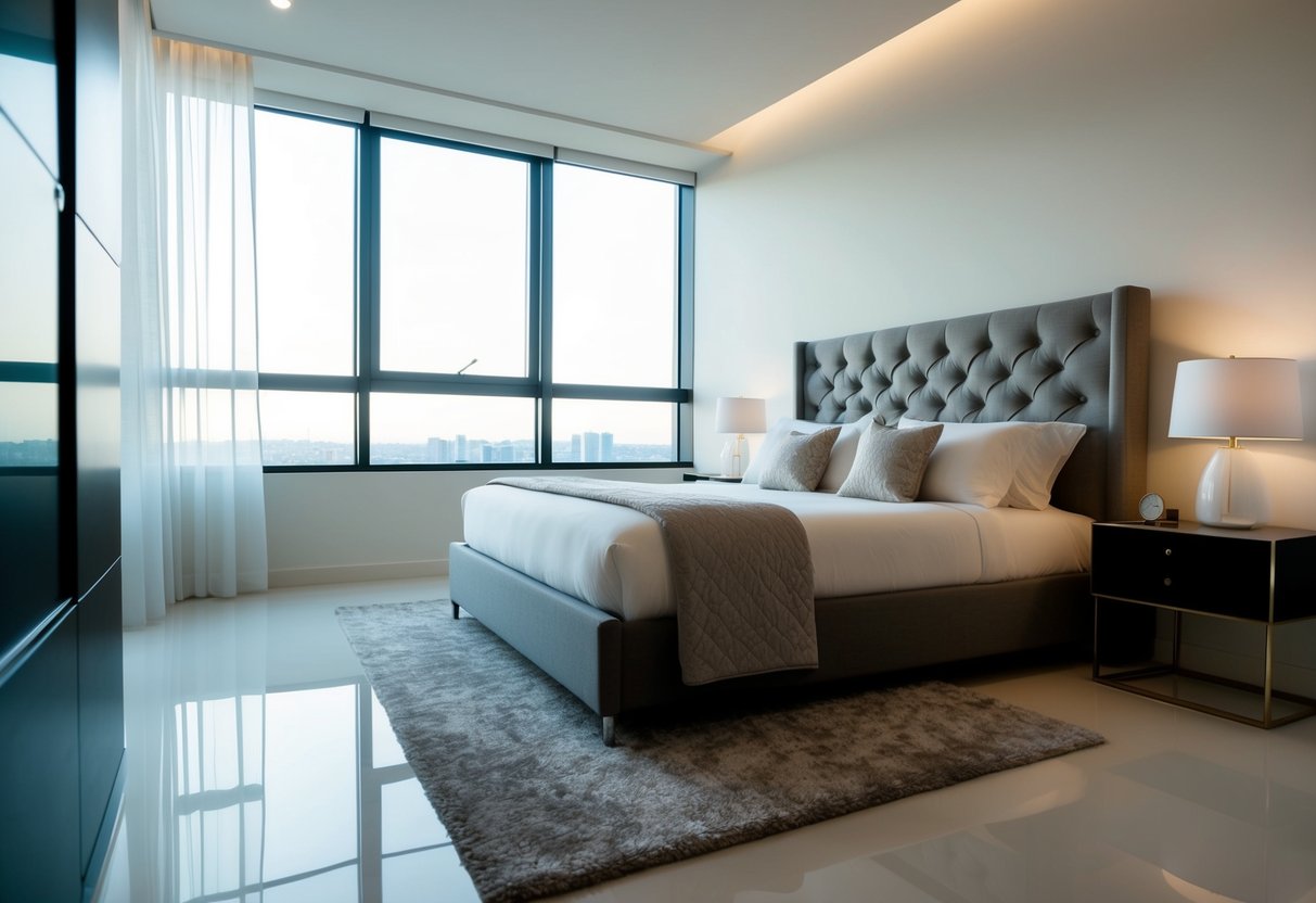 A modern bedroom with a tufted headboard, sleek furniture, and minimalistic decor. A large window lets in natural light, creating a serene atmosphere