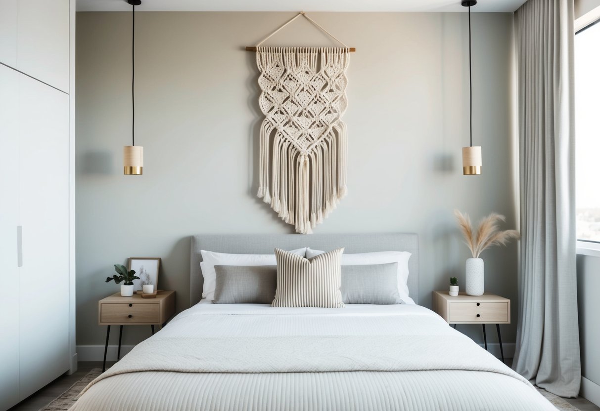 A modern bedroom with a macrame wall hanging as the focal point. Clean lines, neutral colors, and minimalist decor create a contemporary and serene atmosphere