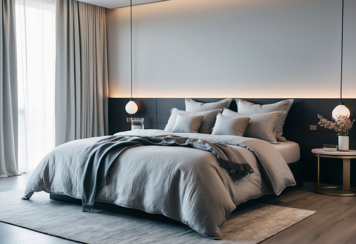 A modern bedroom with a linen bedding set, featuring contemporary decor and clean lines