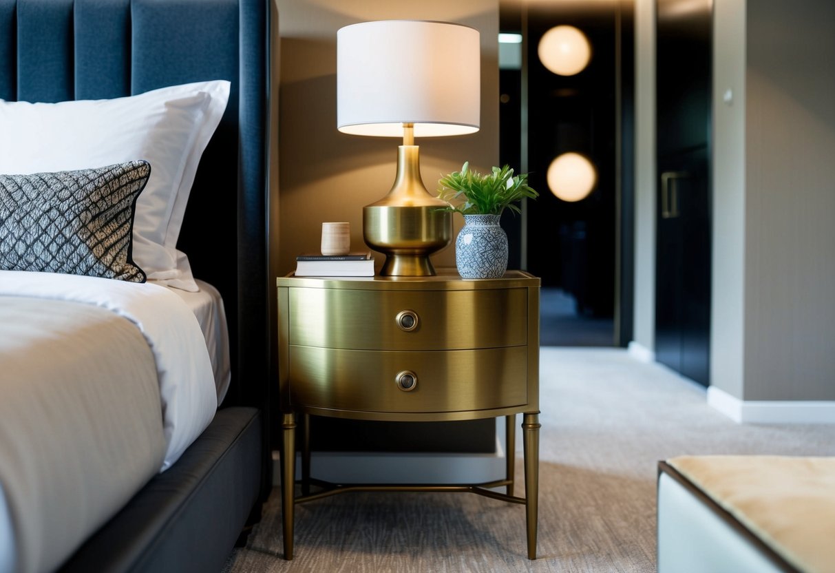 A brass bedside table sits in a contemporary bedroom, surrounded by modern decor and furniture