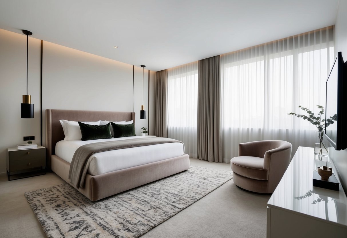 A contemporary bedroom with a velvet accent chair as the focal point. Clean lines, neutral colors, and modern decor create a sleek and stylish atmosphere