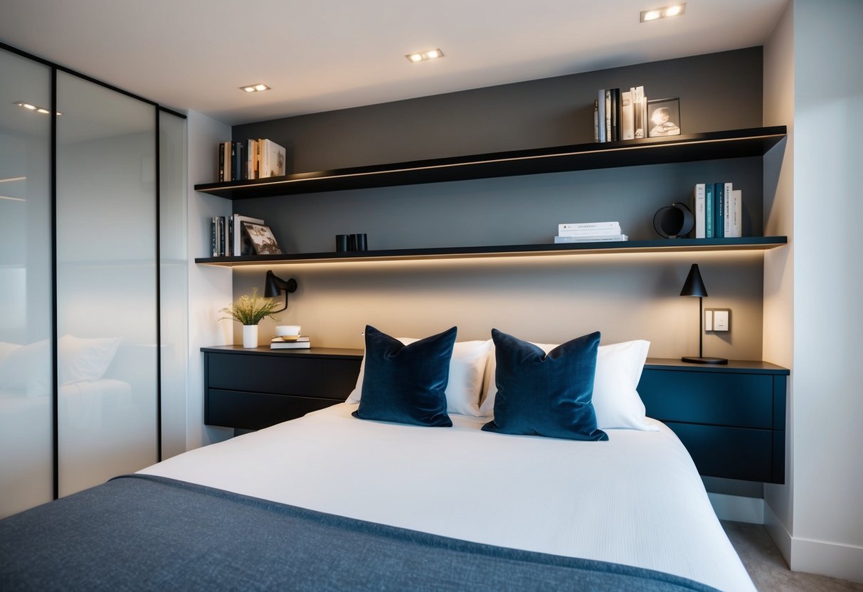 A modern bedroom with sleek floating shelves displaying decor and books. Clean lines and minimalistic design create a contemporary atmosphere