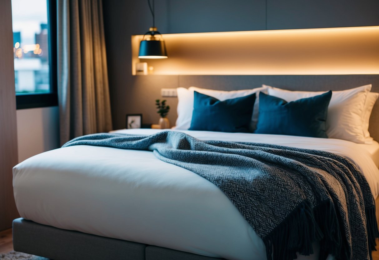 A cozy bedroom with a hygge-inspired throw blanket draped over a modern bed, surrounded by contemporary decor and warm lighting