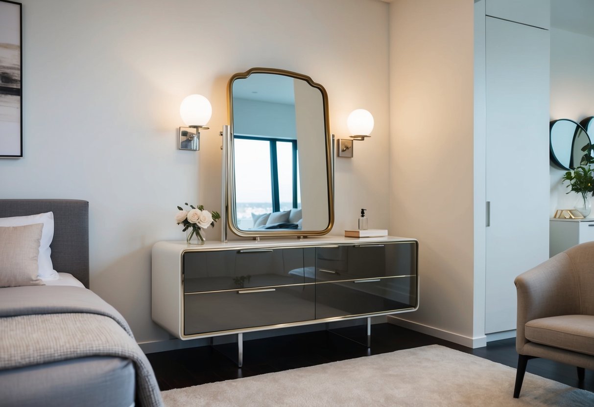 A vintage vanity mirror sits on a sleek, modern dresser in a stylish contemporary bedroom. The room is adorned with clean lines, minimalistic decor, and soft, neutral tones