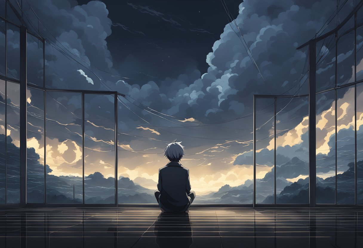 A desolate figure sitting alone in a dark room, surrounded by heavy clouds and stormy weather outside. The figure appears lost and overwhelmed by their thoughts