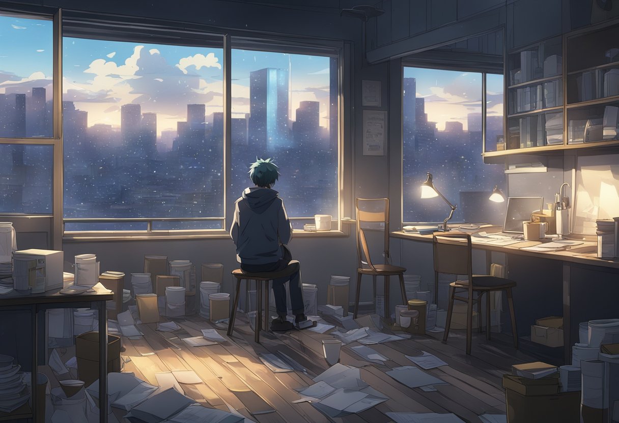 A lone figure sits in a dimly lit room, surrounded by scattered papers and empty coffee cups. The window shows a dark, rainy cityscape, reflecting the internal struggle of modern youth