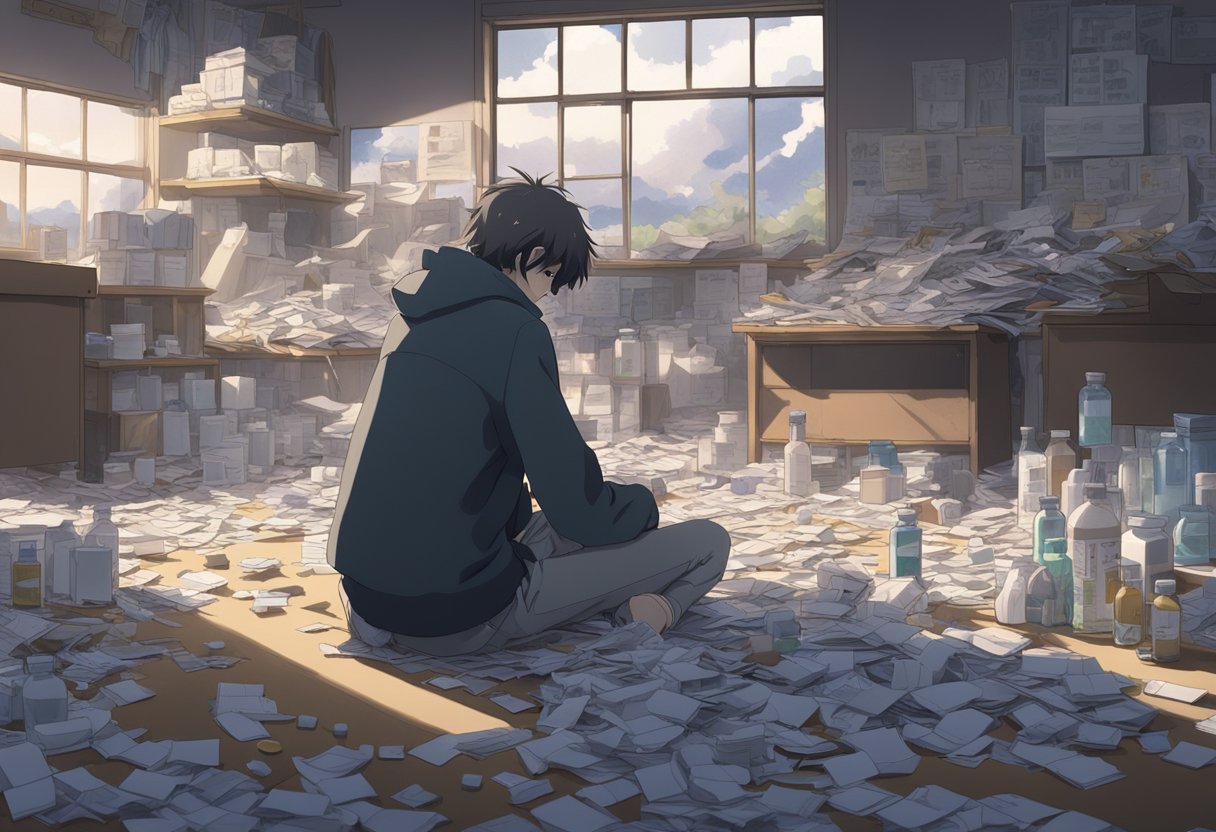 A desolate figure sits alone in a dimly lit room, surrounded by scattered papers and empty pill bottles. The weight of the world seems to bear down on their slumped shoulders, as they stare blankly ahead, lost in their thoughts