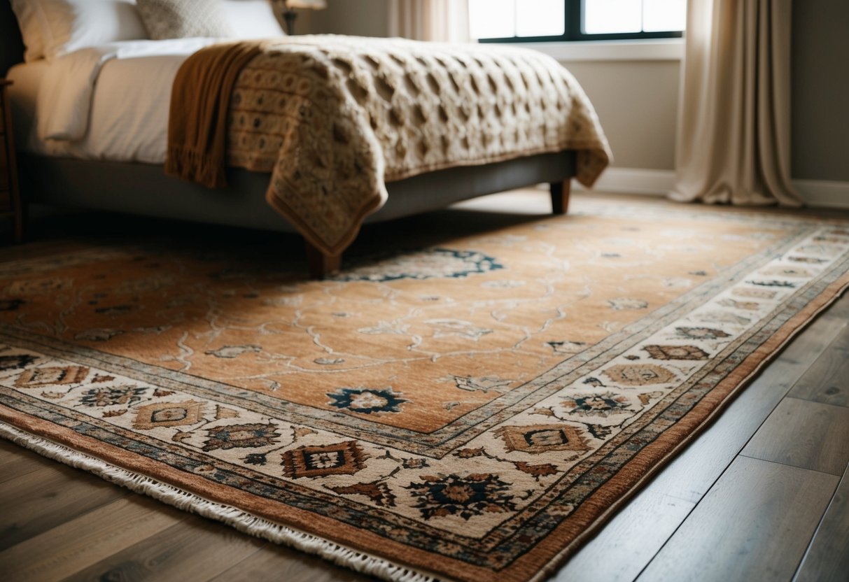 A cozy bedroom with a large, patterned rug as the focal point. The rug features warm, earthy tones and adds a touch of comfort and style to the room