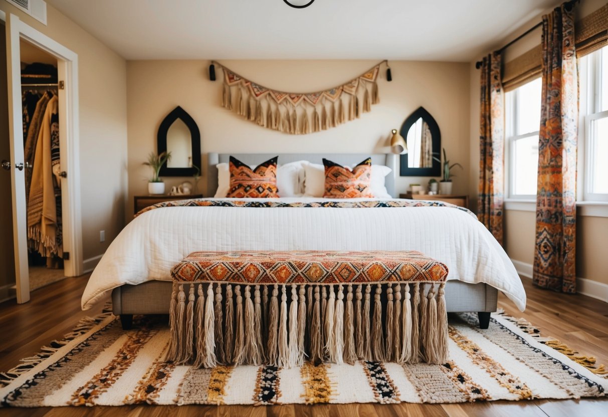 A cozy bedroom with a boho chic tassel rug as the focal point. The room features eclectic decor and warm, inviting colors