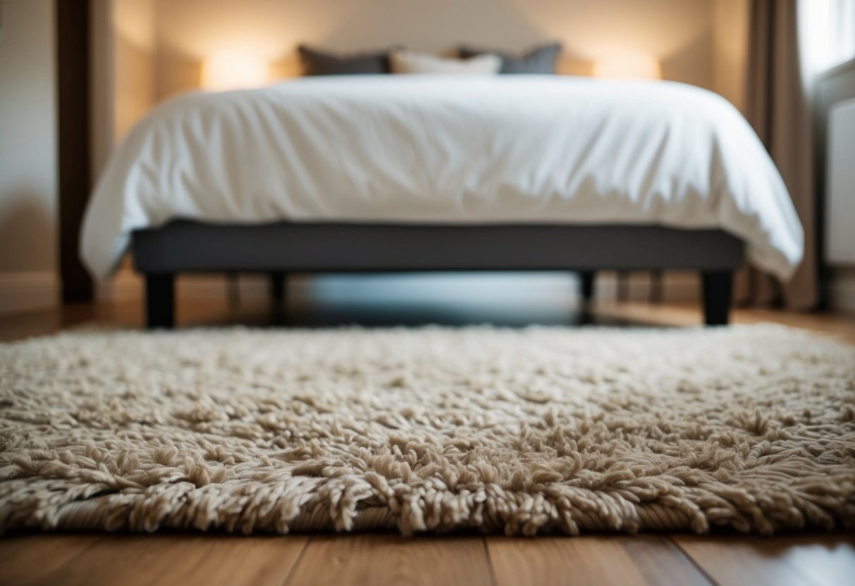 A cozy bedroom with a soft wool rug as the focal point. The rug is placed in the center of the room, adding warmth and comfort to the space