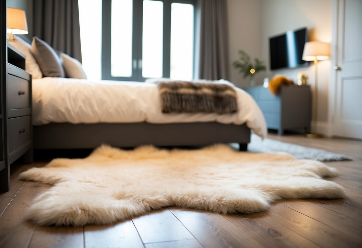 A cozy sheepskin rug lies on the floor of a well-lit bedroom, adding warmth and comfort to the space