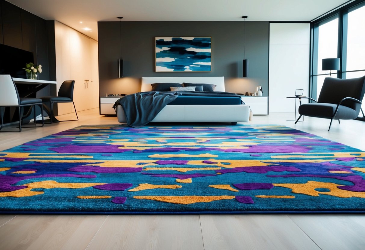 A vibrant abstract art rug lies in the center of a modern bedroom, surrounded by sleek furniture and minimalistic decor