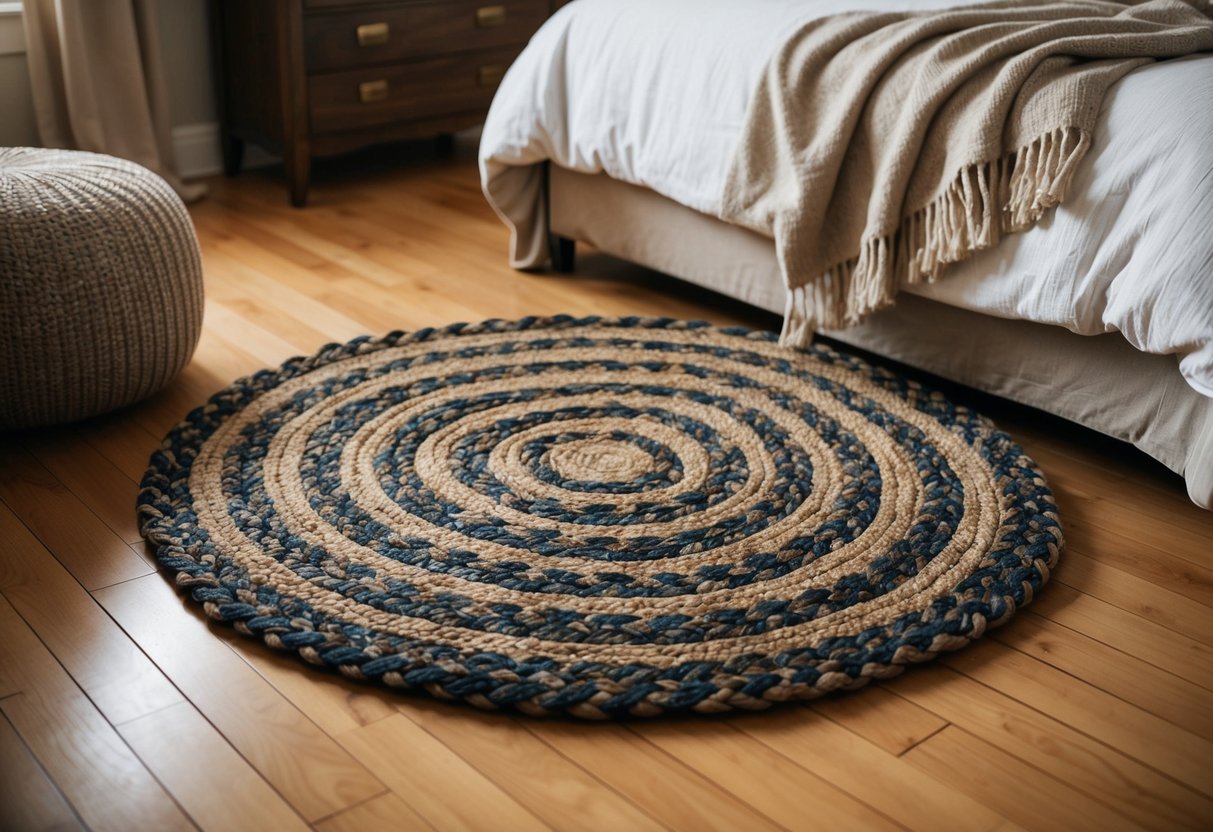 A braided hemp rug lies in the center of a cozy bedroom, surrounded by warm wood floors and soft, neutral-colored textiles