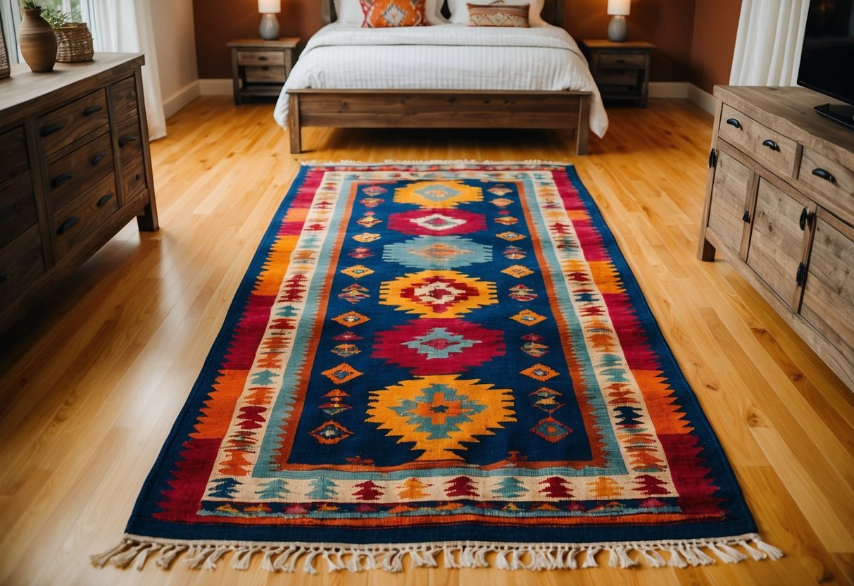 A Southwestern kilim rug lies in the center of a bedroom, surrounded by rustic furniture and warm earthy tones