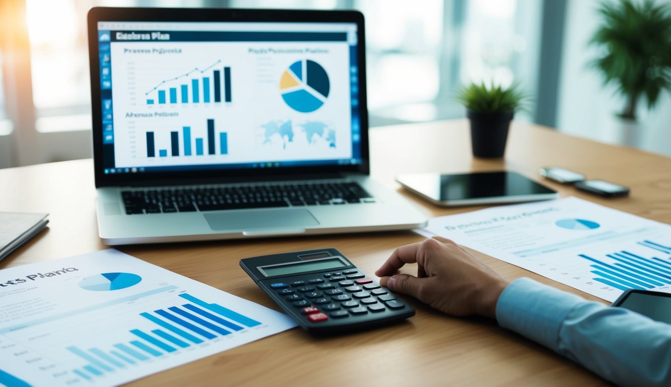 A desk with a laptop, calculator, and financial documents. Charts and graphs showing revenue projections. A business plan open on the desk