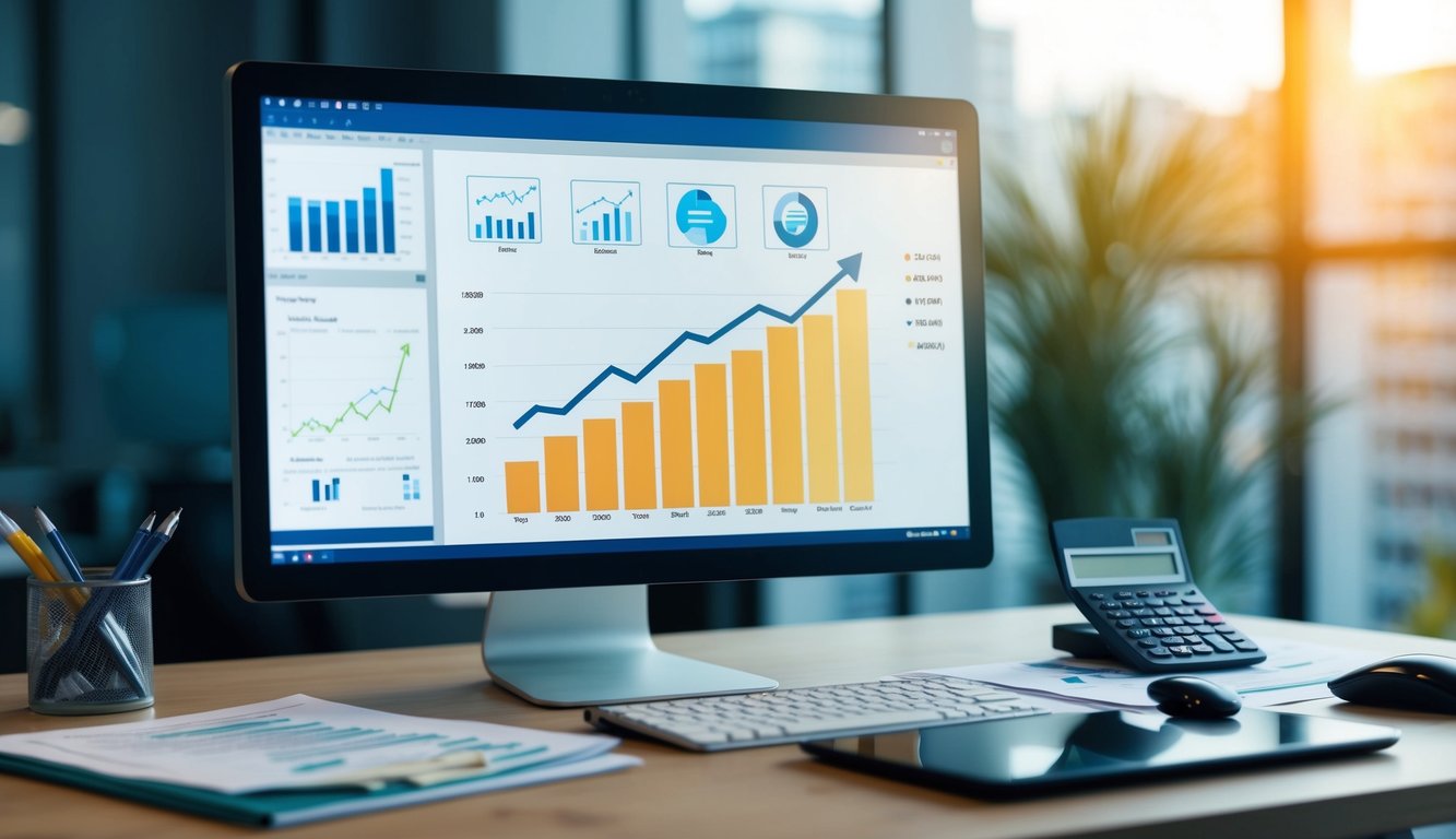 A desk with a computer, calculator, and financial documents. A graph showing upward trend. Software icons for financial forecasting displayed on the computer screen