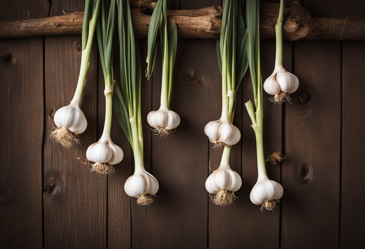 A cluster of garlic bulbs hangs from a wooden beam, surrounded by bundles of dried herbs and spices. The warm, earthy colors of the ingredients create a cozy and inviting atmosphere