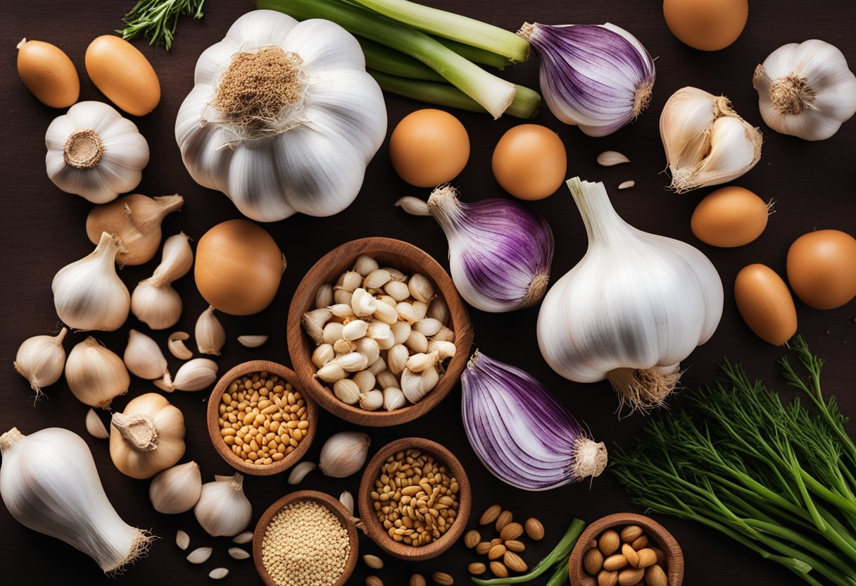 A head of garlic surrounded by various food items, such as vegetables and grains, with a nutritional label in the background