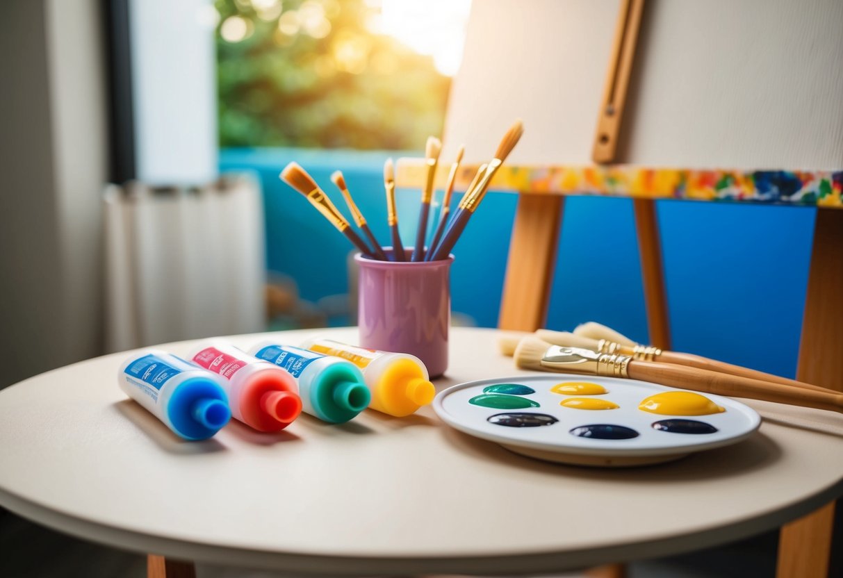 A table with silicone paint tubes, brushes, and a palette. A canvas is set up on an easel with a blank surface ready for painting