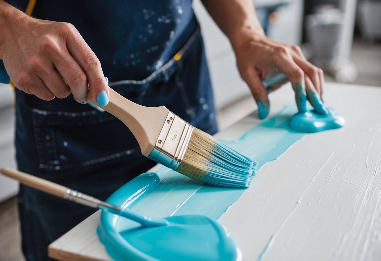 A hand holding a paintbrush applies silicone to a surface, using various painting techniques to create texture and depth