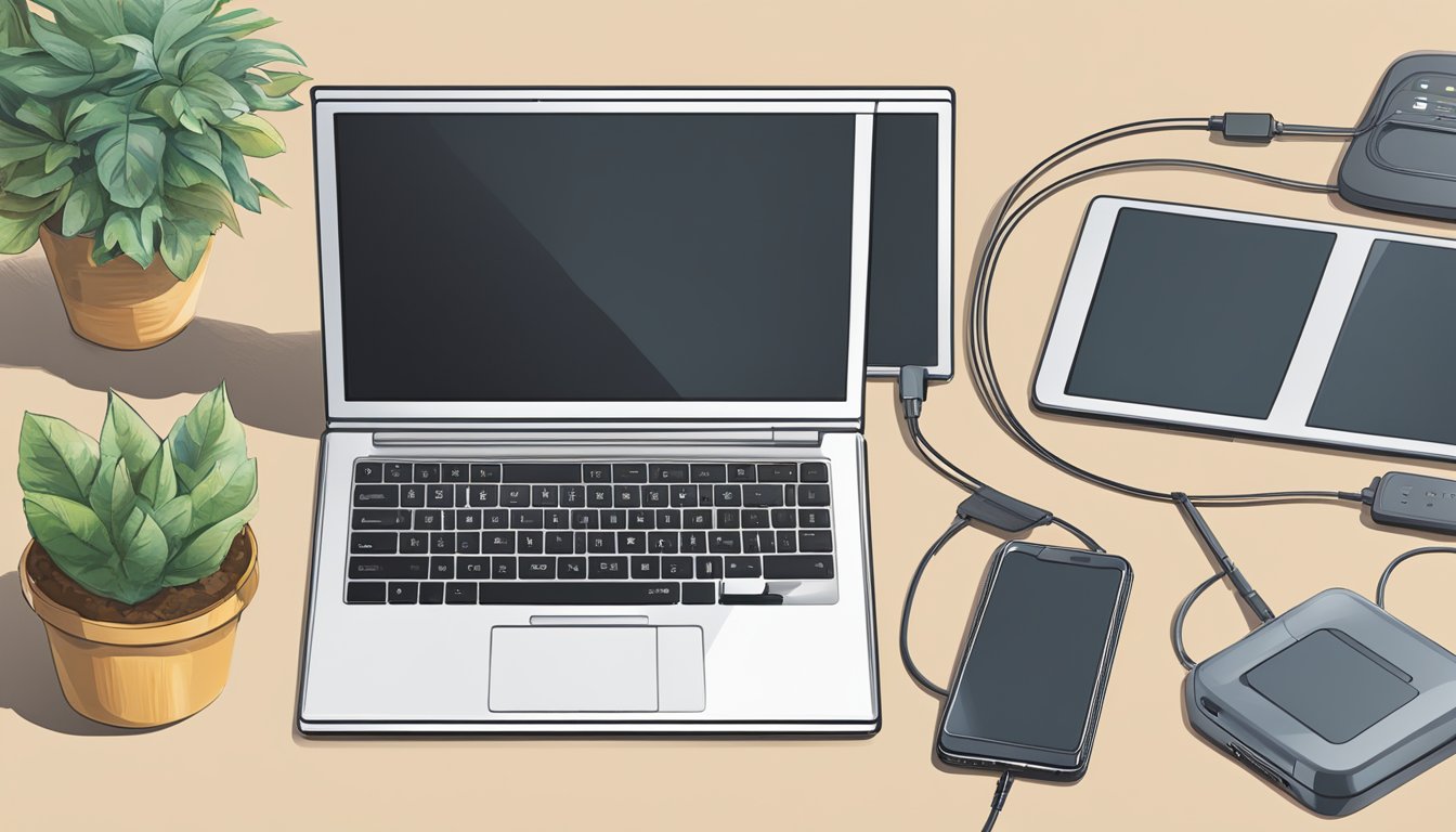 A variety of electronic devices, such as smartphones, tablets, and laptops, are shown with their display and power settings adjusted to optimize battery life. The devices are arranged neatly on a flat surface with a charging cable nearby