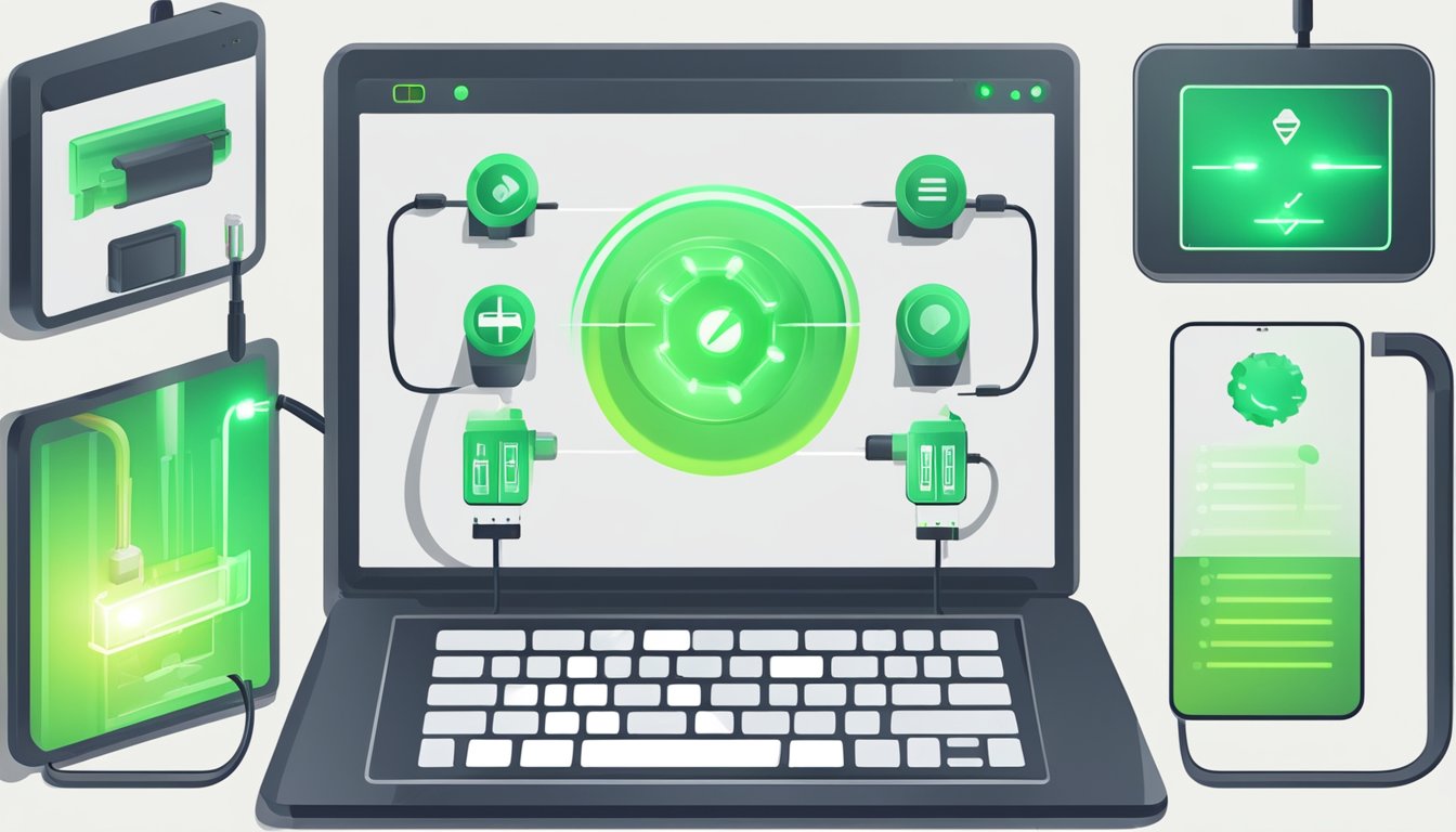 A laptop, smartphone, and tablet plugged into a power strip with a glowing green light. A diagram showing battery-saving tips displayed on the screens