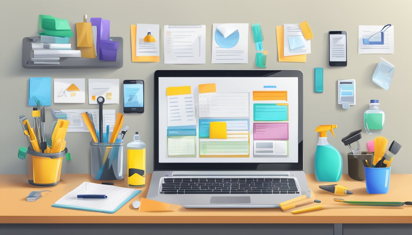 A desk with a laptop and smartphone, surrounded by tools and cleaning supplies. A checklist of maintenance tasks is pinned to the wall