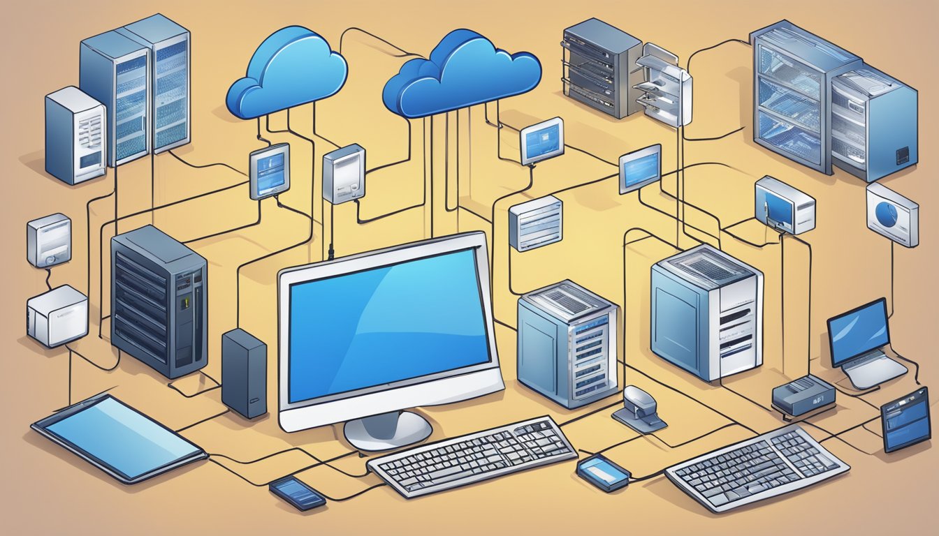 A computer with various backup methods (cloud, external drive) connected, surrounded by security locks and disaster recovery plans