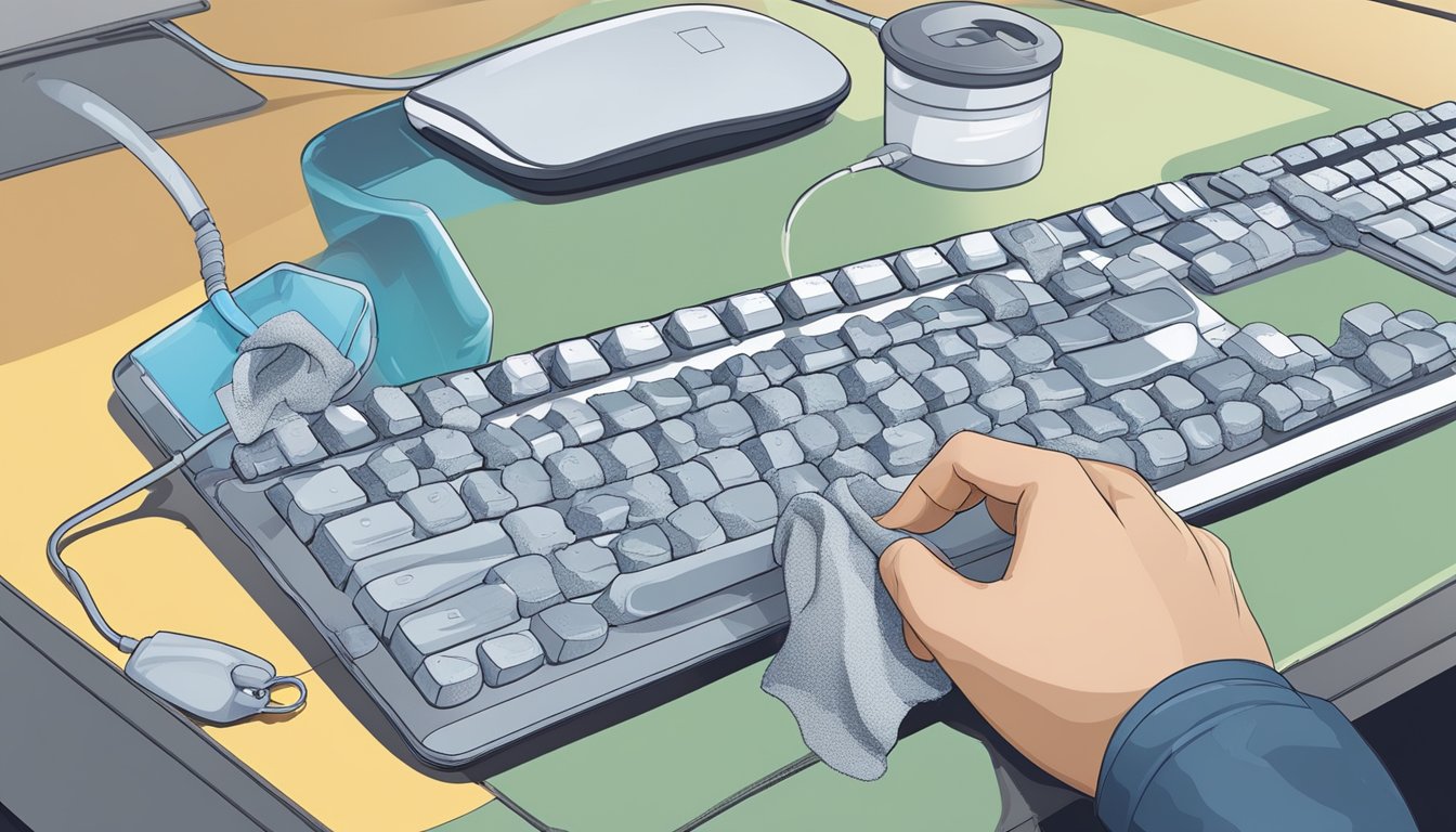 A hand holding a cleaning cloth wipes down a keyboard and mouse, removing dust and debris from the keys and surfaces. A can of compressed air is used to blow out any remaining particles