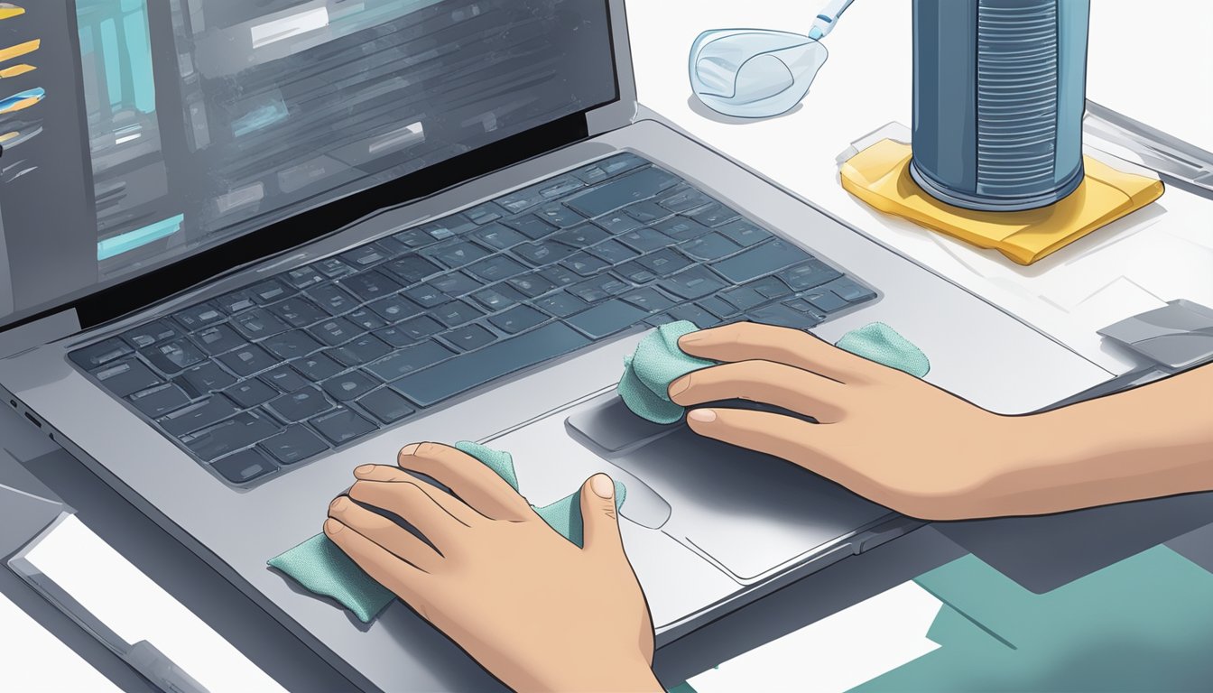 A hand reaches for a microfiber cloth and gently wipes down a laptop, removing dust and smudges. Another hand uses a can of compressed air to blow out any debris from the keyboard