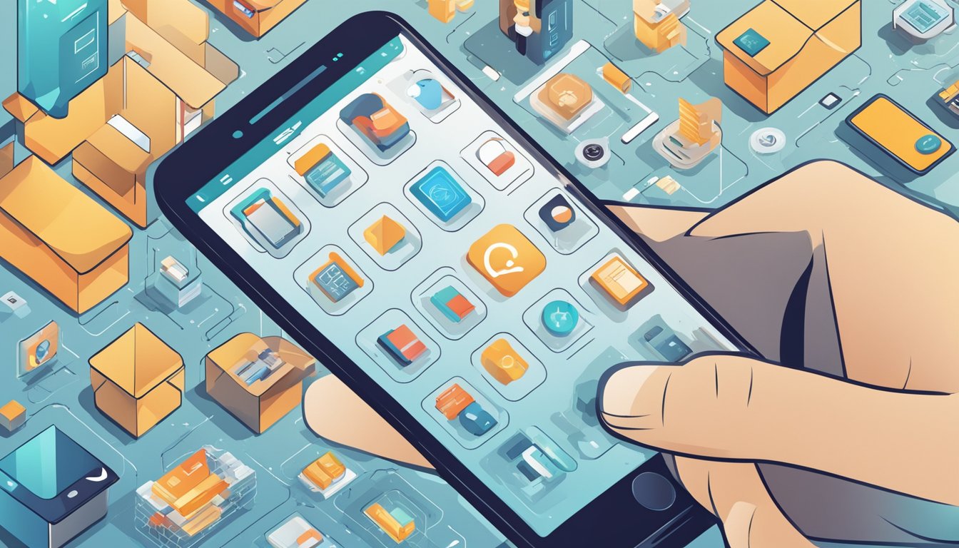 A hand holding a smartphone, with various icons representing storage management strategies floating around it. The background shows a cluttered and disorganized digital space