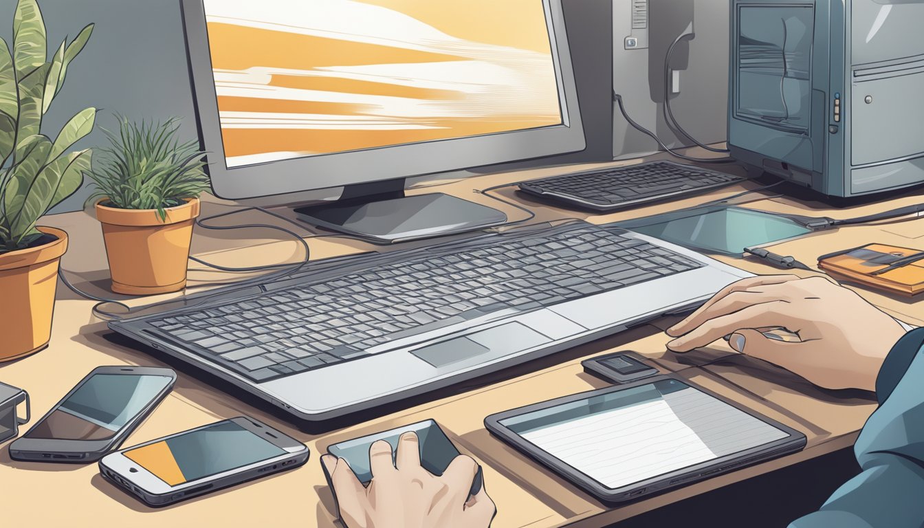 A hand reaching for a sleek, modern device on a clean, uncluttered desk, with a variety of older, outdated devices in the background