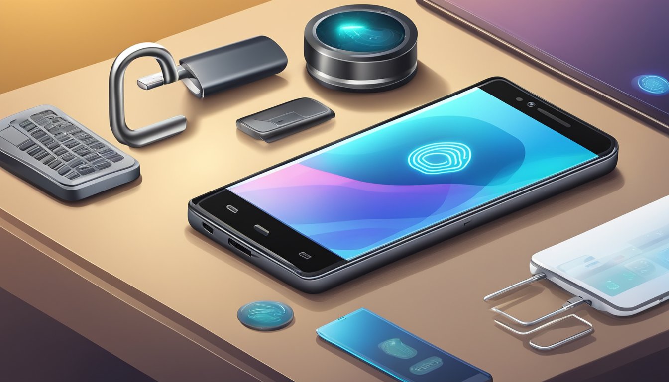 A smartphone resting on a table, surrounded by a secure lock, a fingerprint scanner, and a strong password