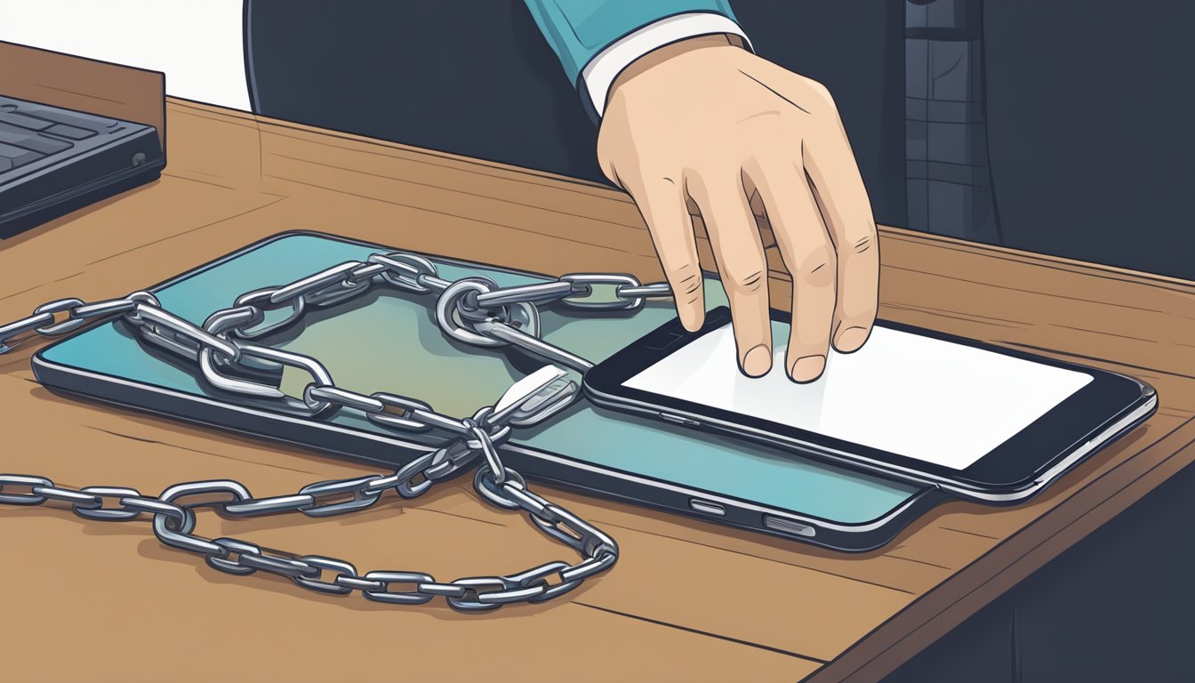 A hand reaching for a smartphone on a table, but a security lock prevents it from being taken. A lock and chain secure the device to a fixed object