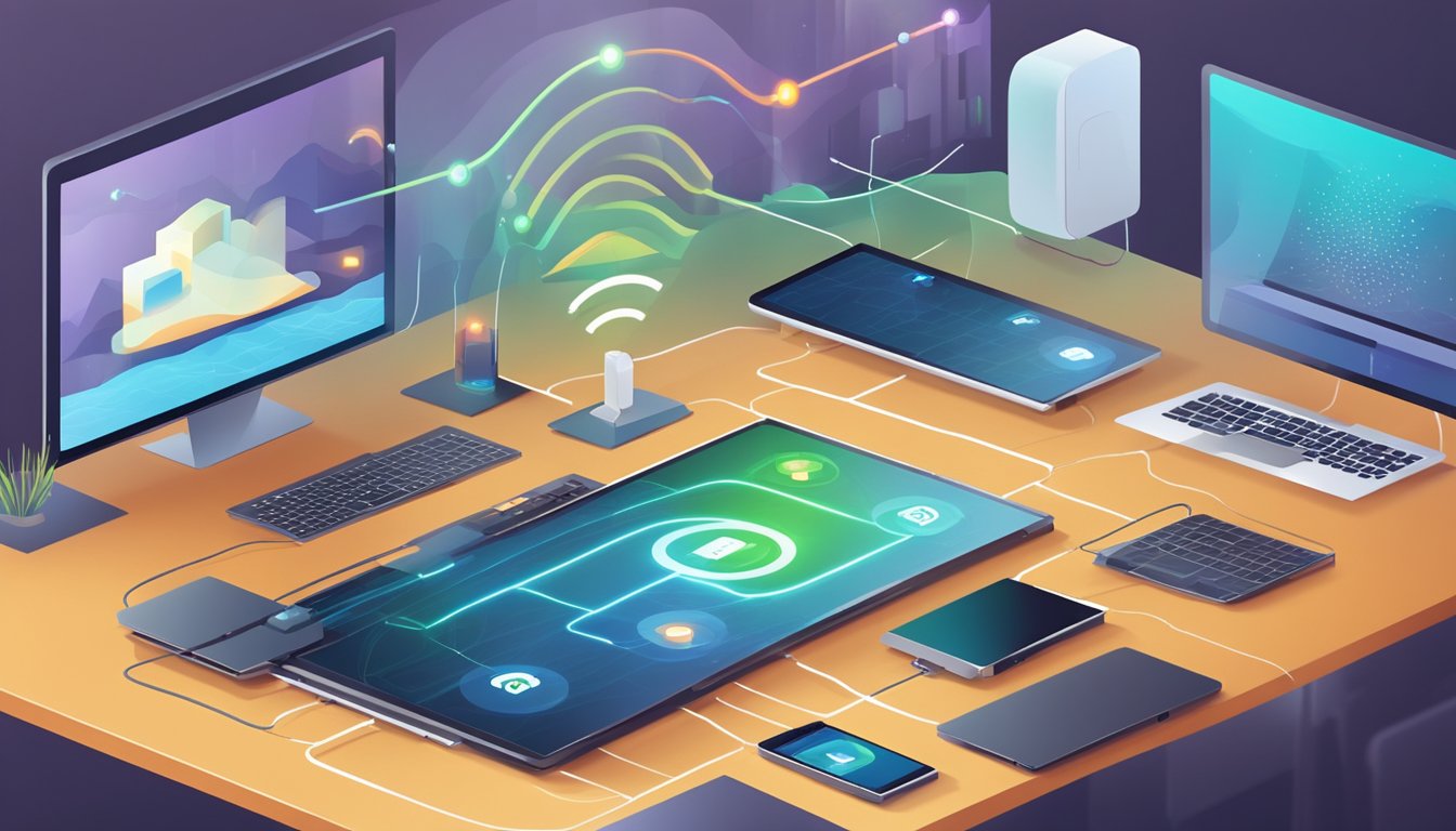 A laptop, smartphone, and smart TV connected to a central router with signal waves emanating from it. All devices are securely linked in a home network